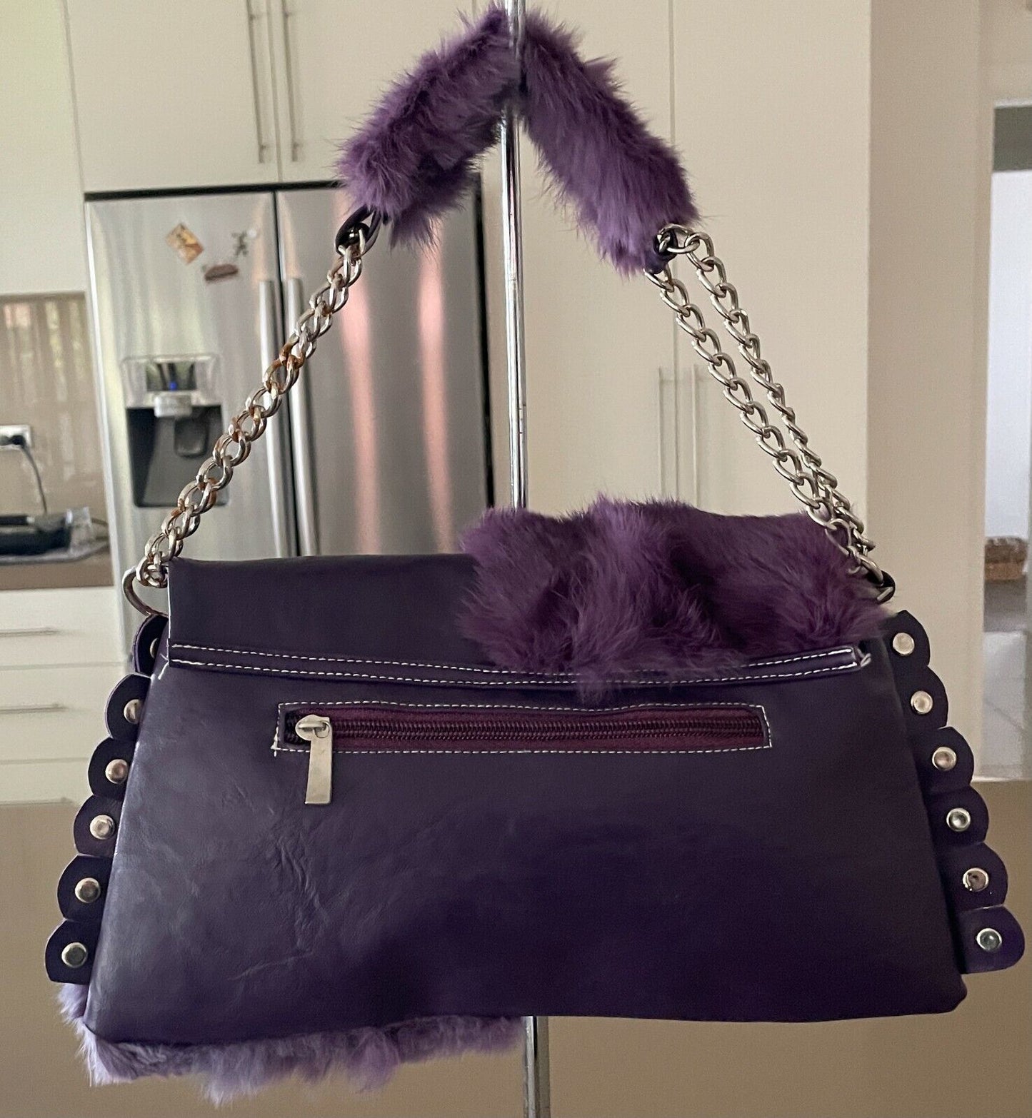 SES Purple Fur Trim Pleather Shoulder Bag Clutch  Short Chain Strap Handbag NEW