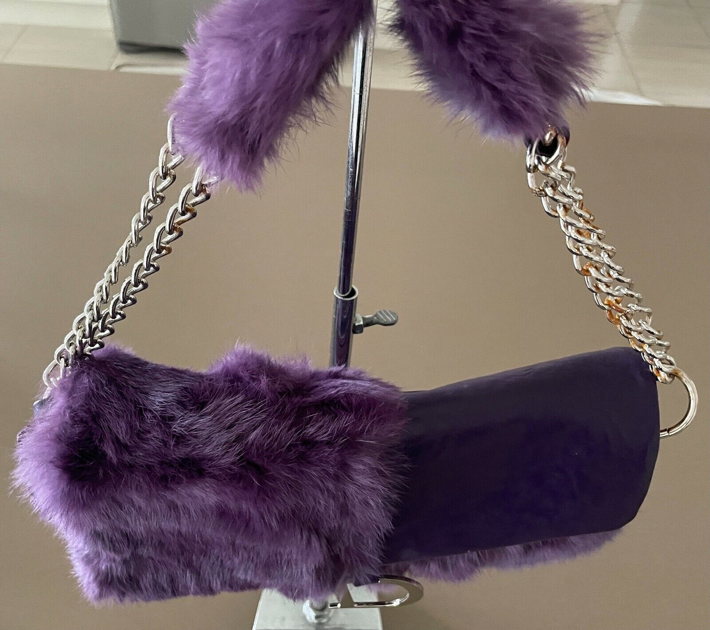 SES Purple Fur Trim Pleather Shoulder Bag Clutch  Short Chain Strap Handbag NEW