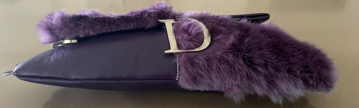 SES Purple Fur Trim Pleather Shoulder Bag Clutch  Short Chain Strap Handbag NEW