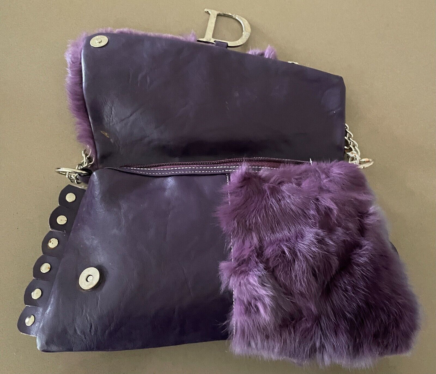 SES Purple Fur Trim Pleather Shoulder Bag Clutch  Short Chain Strap Handbag NEW