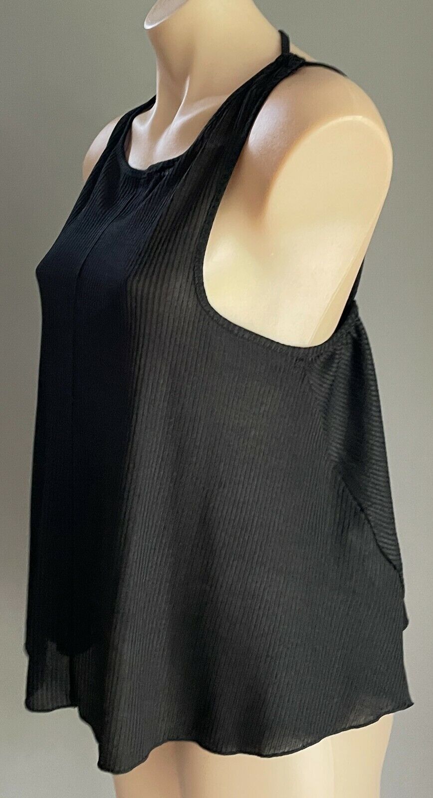 SES Top Open Back Black Strappy Ribbed Self Stripe Halter Neck Whimsigoth Sz 14
