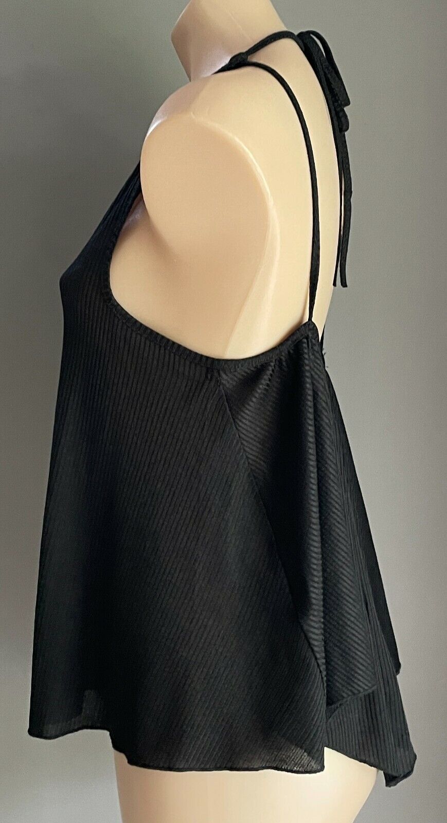 SES Top Open Back Black Strappy Ribbed Self Stripe Halter Neck Whimsigoth Sz 14