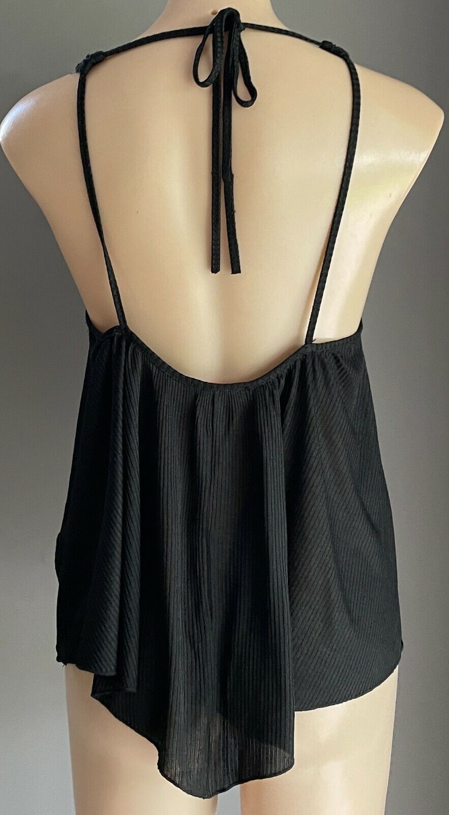 SES Top Open Back Black Strappy Ribbed Self Stripe Halter Neck Whimsigoth Sz 14