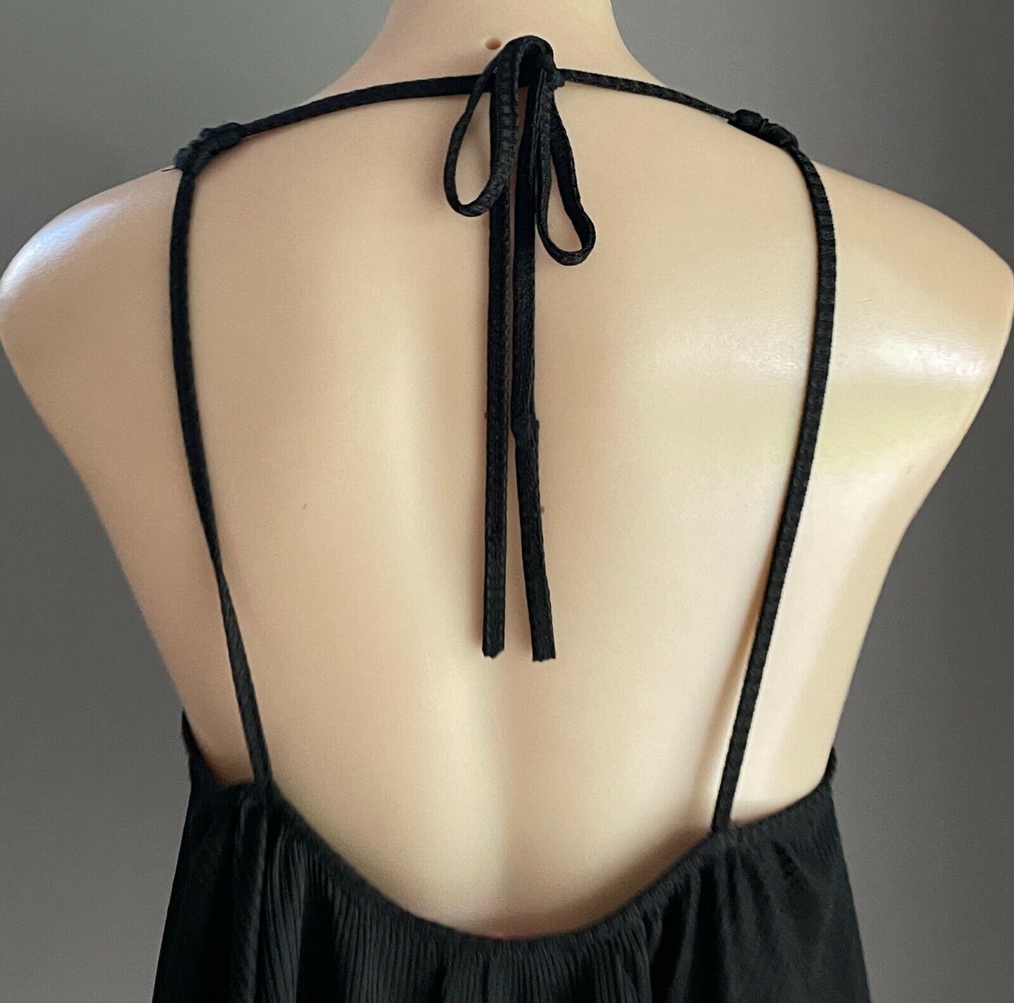 SES Top Open Back Black Strappy Ribbed Self Stripe Halter Neck Whimsigoth Sz 14