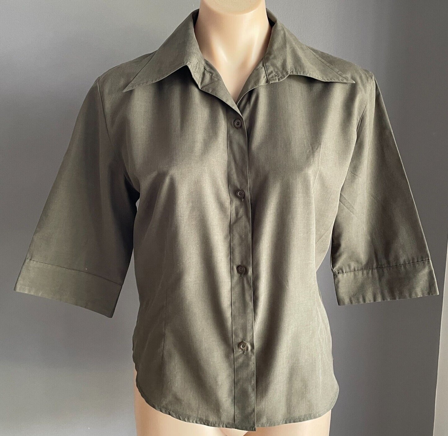 SES Top Shirt Button Front Khaki Green 3/4 Sleeve Blouse Size 12