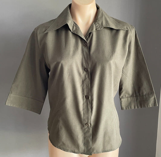 SES Top Shirt Button Front Khaki Green 3/4 Sleeve Blouse Size 12