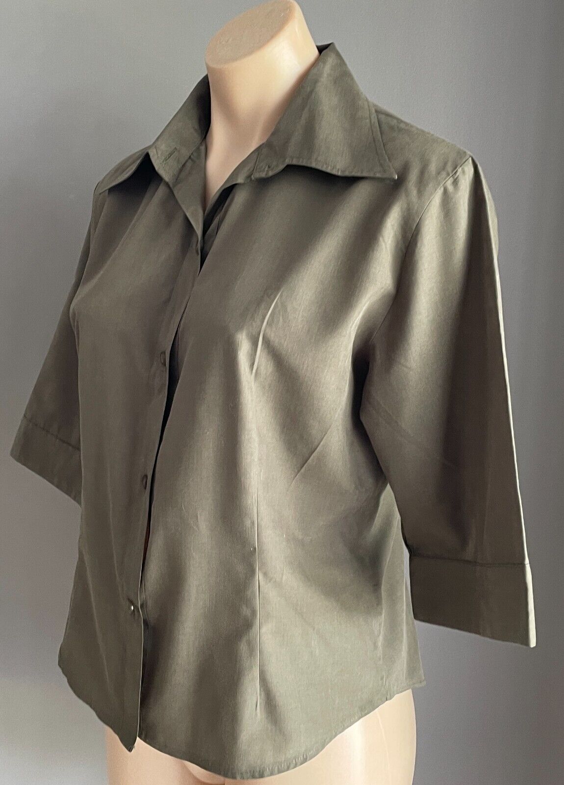SES Top Shirt Button Front Khaki Green 3/4 Sleeve Blouse Size 12