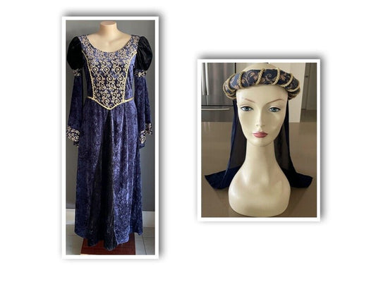 Medieval Costume Handmade Quality 2 Piece Navy & Gold Cos Play Size 18 Maiden