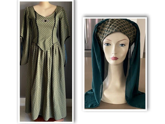 Medieval Costume Handmade Quality 3 Piece Green Gold Cos Play Damsel Size 16 18