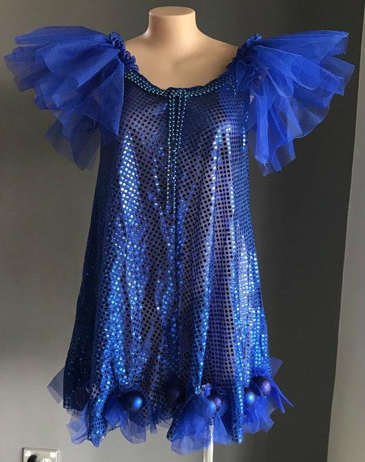 Mardi Gras Drag Cobalt Blue A-Line Dress w Ruffle Bead Bauble To Fit Chest 108cm