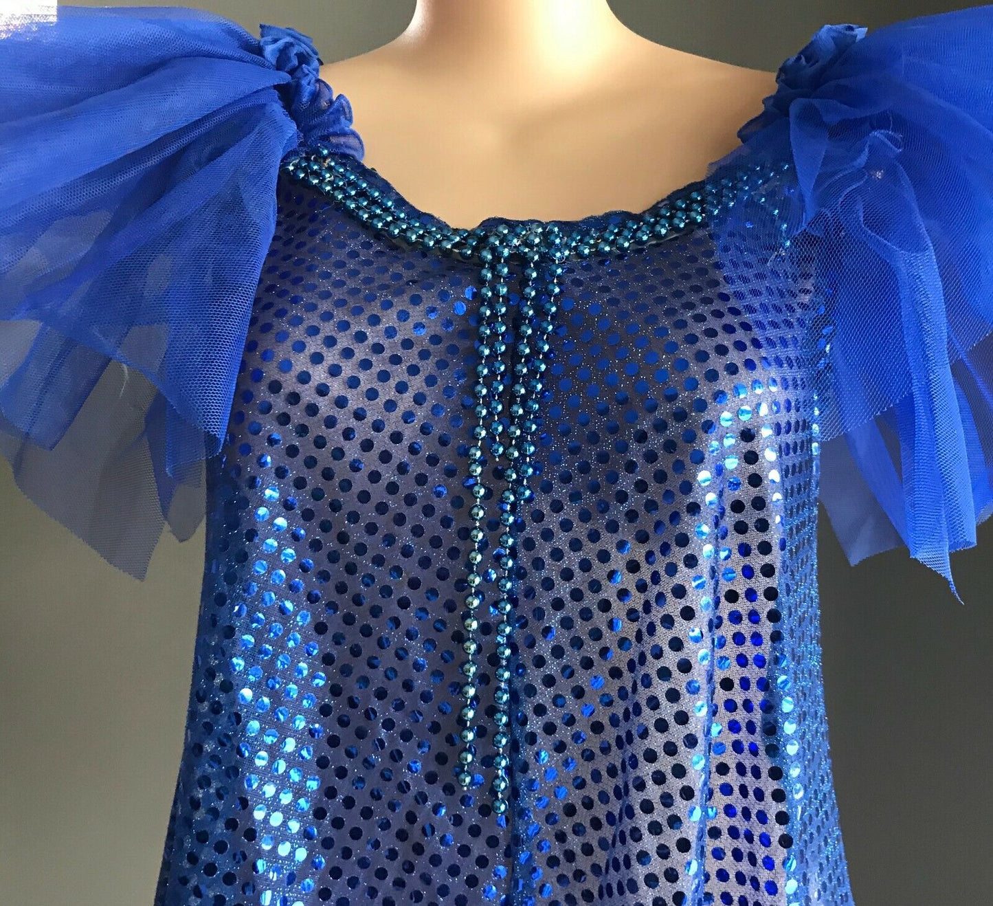 Mardi Gras Drag Cobalt Blue A-Line Dress w Ruffle Bead Bauble To Fit Chest 108cm