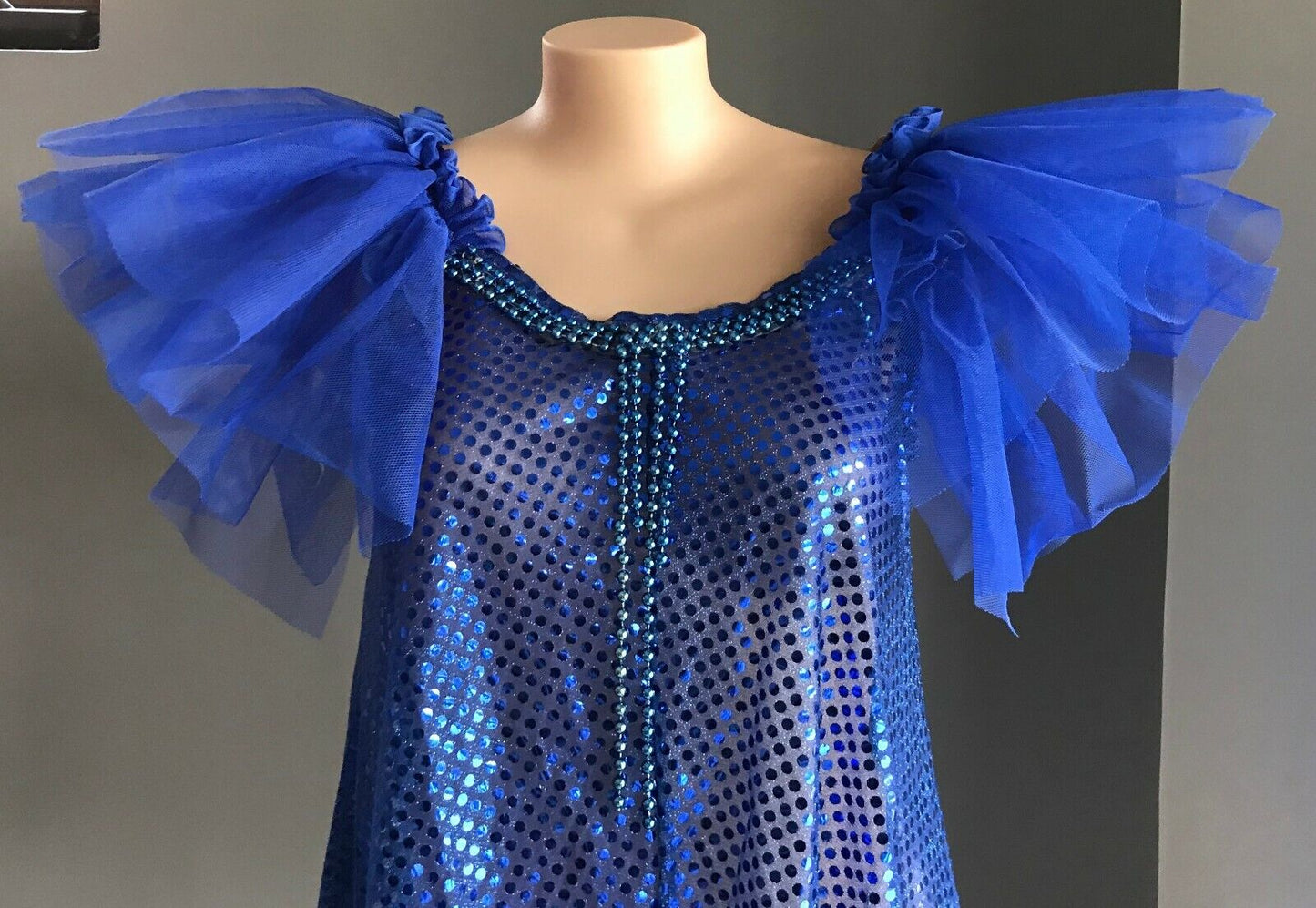Mardi Gras Drag Cobalt Blue A-Line Dress w Ruffle Bead Bauble To Fit Chest 108cm