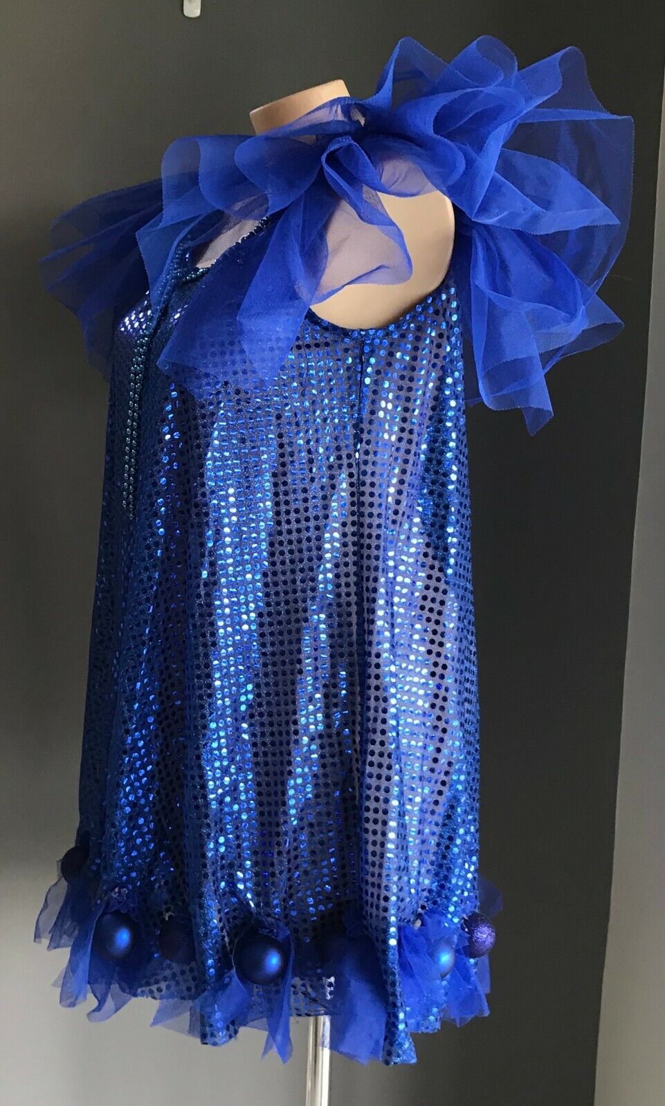 Mardi Gras Drag Cobalt Blue A-Line Dress w Ruffle Bead Bauble To Fit Chest 108cm