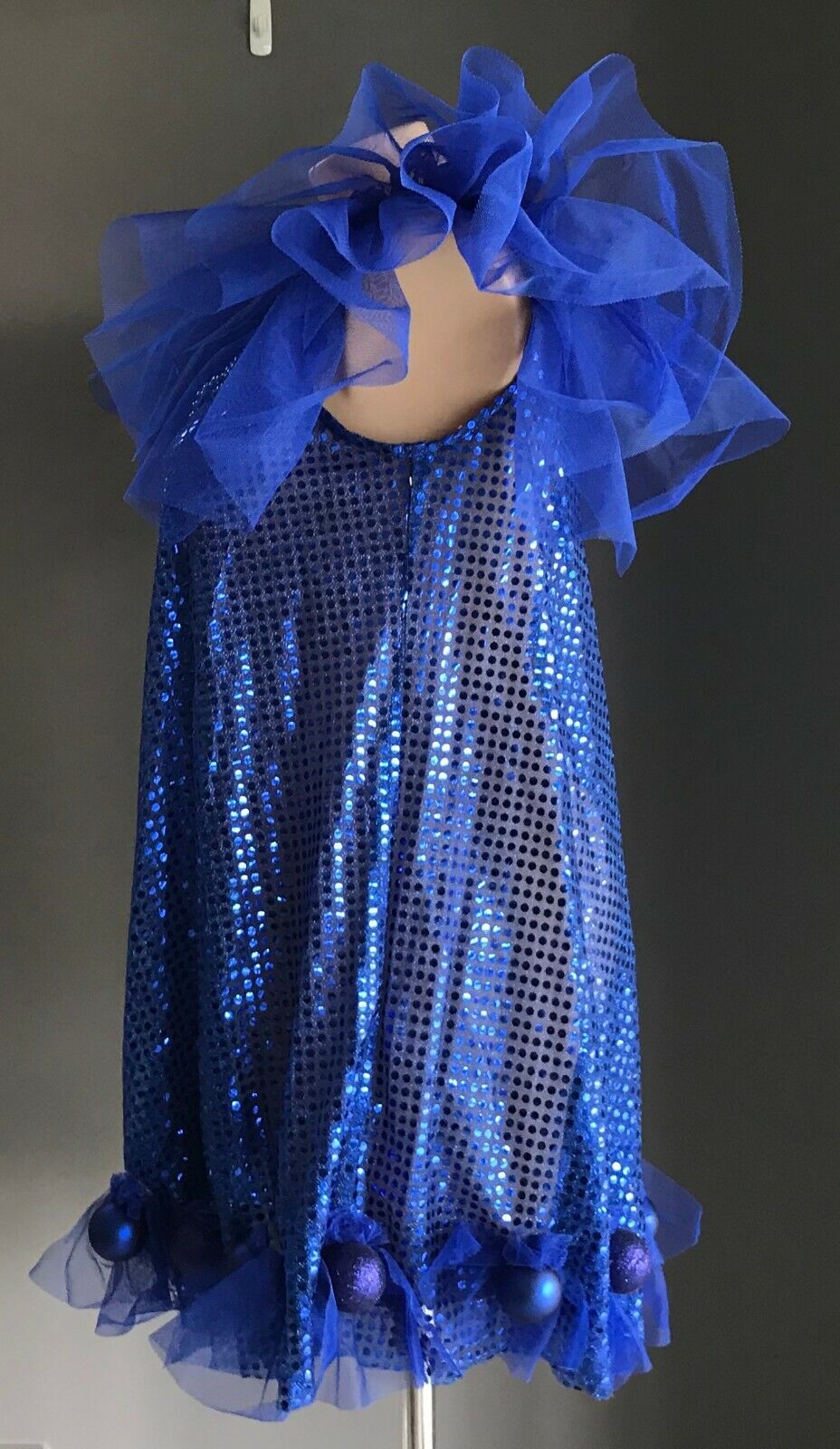 Mardi Gras Drag Cobalt Blue A-Line Dress w Ruffle Bead Bauble To Fit Chest 108cm
