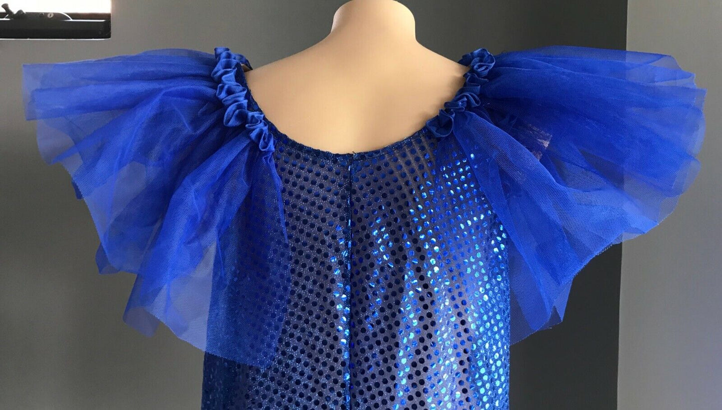 Mardi Gras Drag Cobalt Blue A-Line Dress w Ruffle Bead Bauble To Fit Chest 108cm