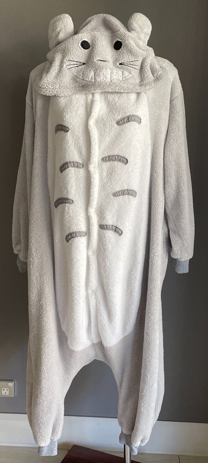 CAT One Piece PJ's Grey White Trim Drop Crotch Soft Plush Costume Cosplay Size S