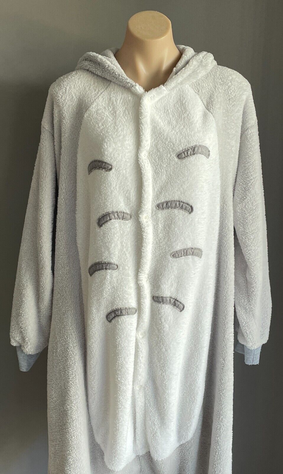 CAT One Piece PJ's Grey White Trim Drop Crotch Soft Plush Costume Cosplay Size S