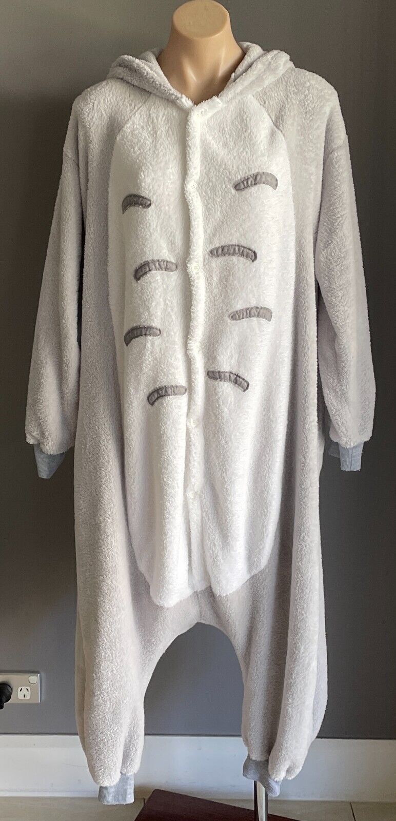 CAT One Piece PJ's Grey White Trim Drop Crotch Soft Plush Costume Cosplay Size S