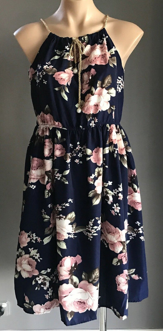 GOLD ROPE NECK TIE  Dress Elastic Waist Sleeveless Blue Floral Print Size 16 NEW