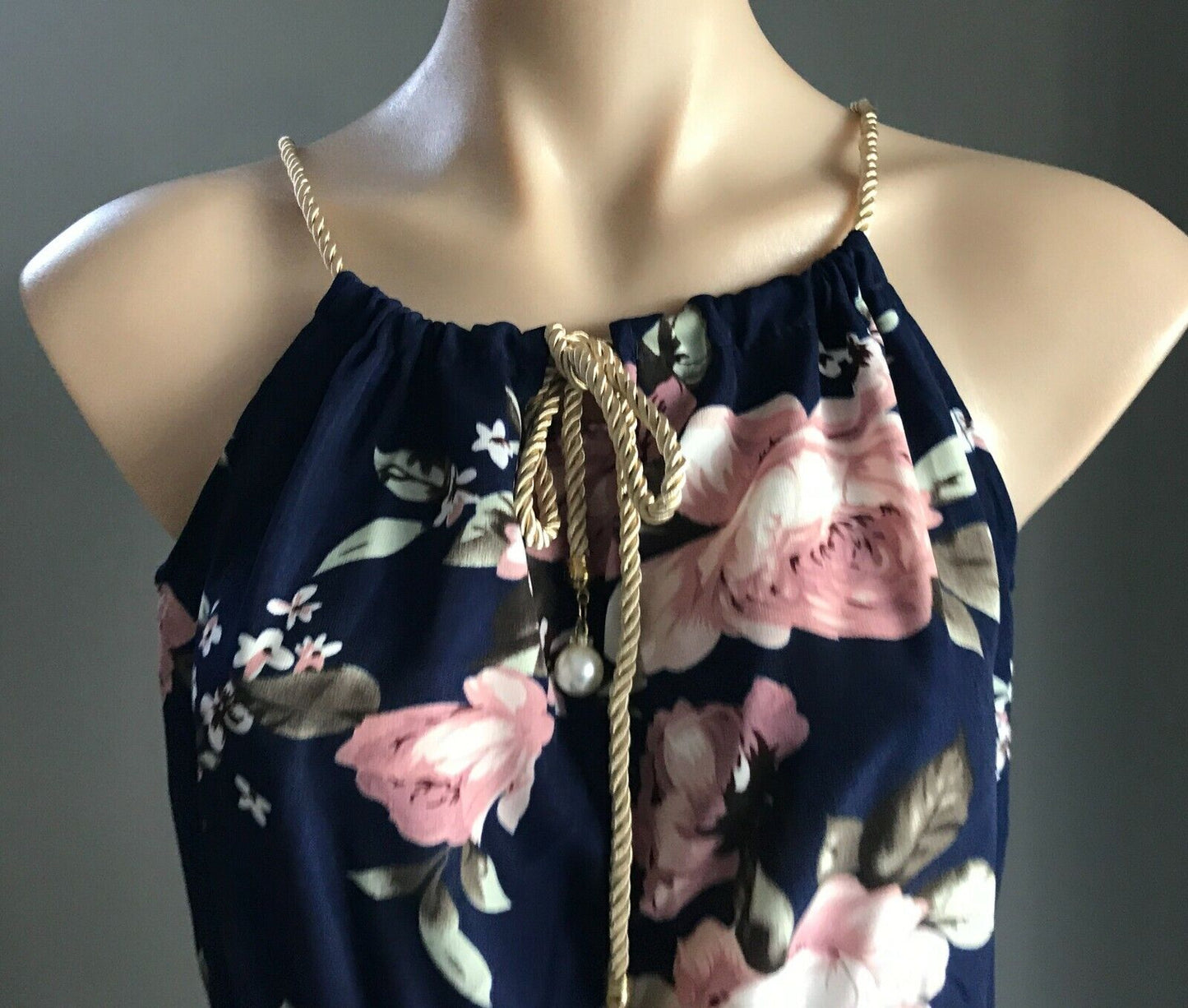 GOLD ROPE NECK TIE  Dress Elastic Waist Sleeveless Blue Floral Print Size 16 NEW