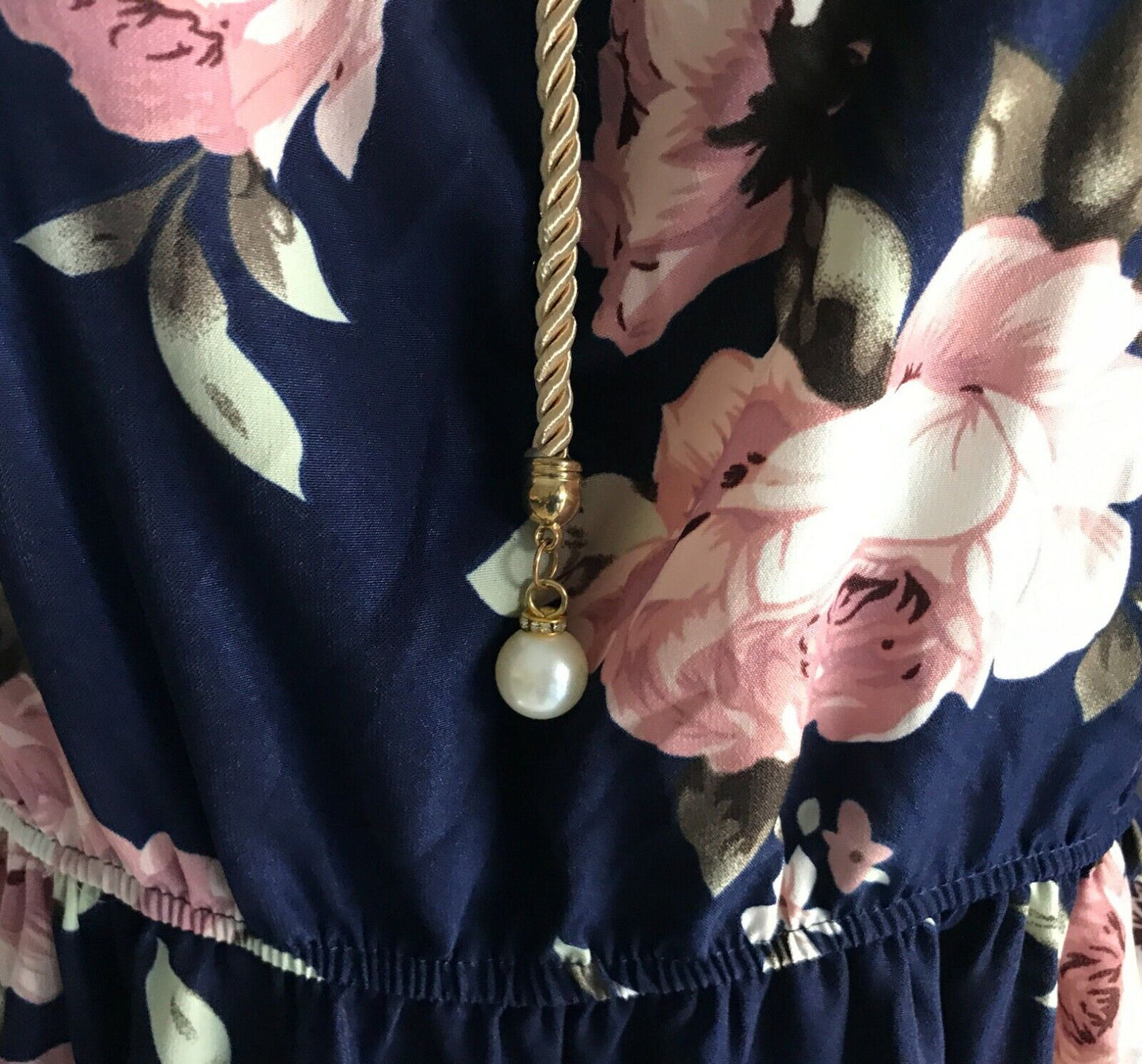 GOLD ROPE NECK TIE  Dress Elastic Waist Sleeveless Blue Floral Print Size 16 NEW