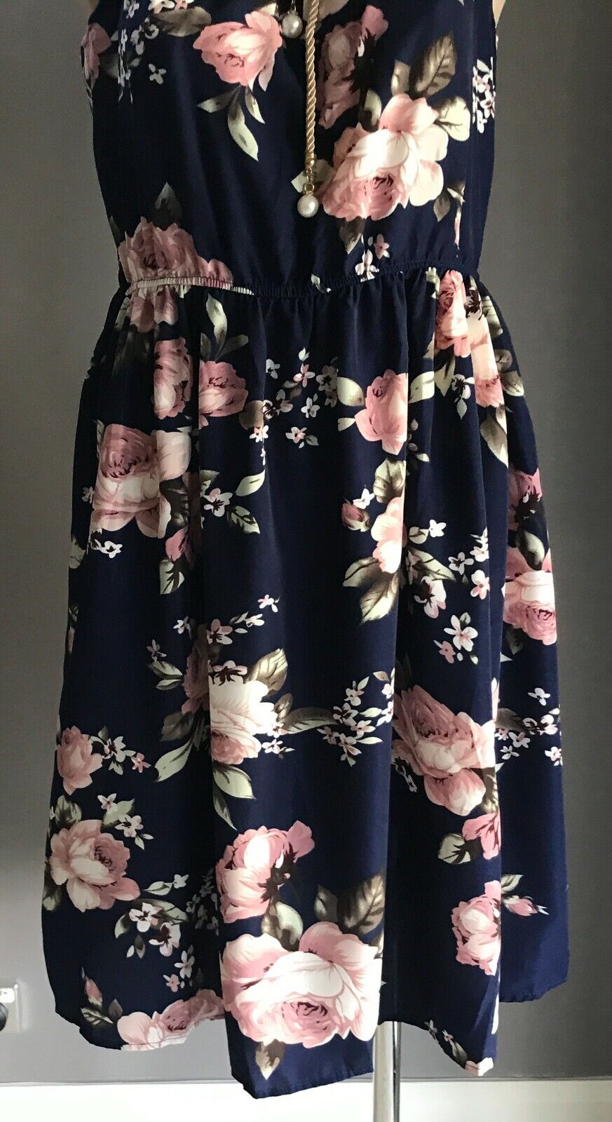 GOLD ROPE NECK TIE  Dress Elastic Waist Sleeveless Blue Floral Print Size 16 NEW