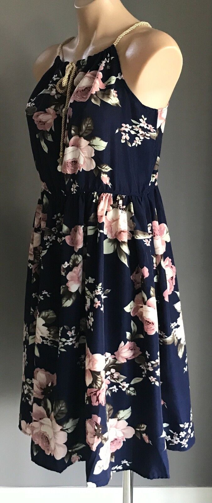 GOLD ROPE NECK TIE  Dress Elastic Waist Sleeveless Blue Floral Print Size 16 NEW