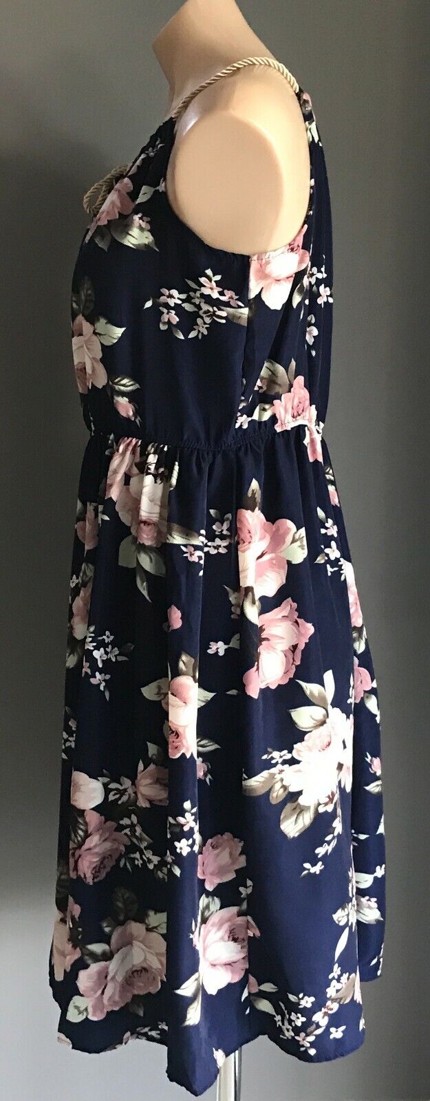 GOLD ROPE NECK TIE  Dress Elastic Waist Sleeveless Blue Floral Print Size 16 NEW