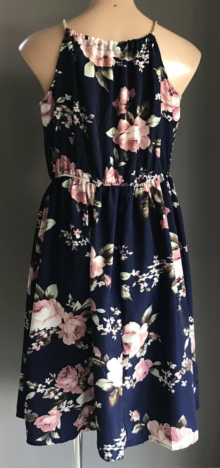 GOLD ROPE NECK TIE  Dress Elastic Waist Sleeveless Blue Floral Print Size 16 NEW
