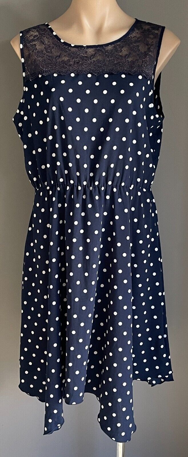 EMERSON Sheath Dress Blue White Polka Dot Sleeveless Elastic Waist Frock Size 16