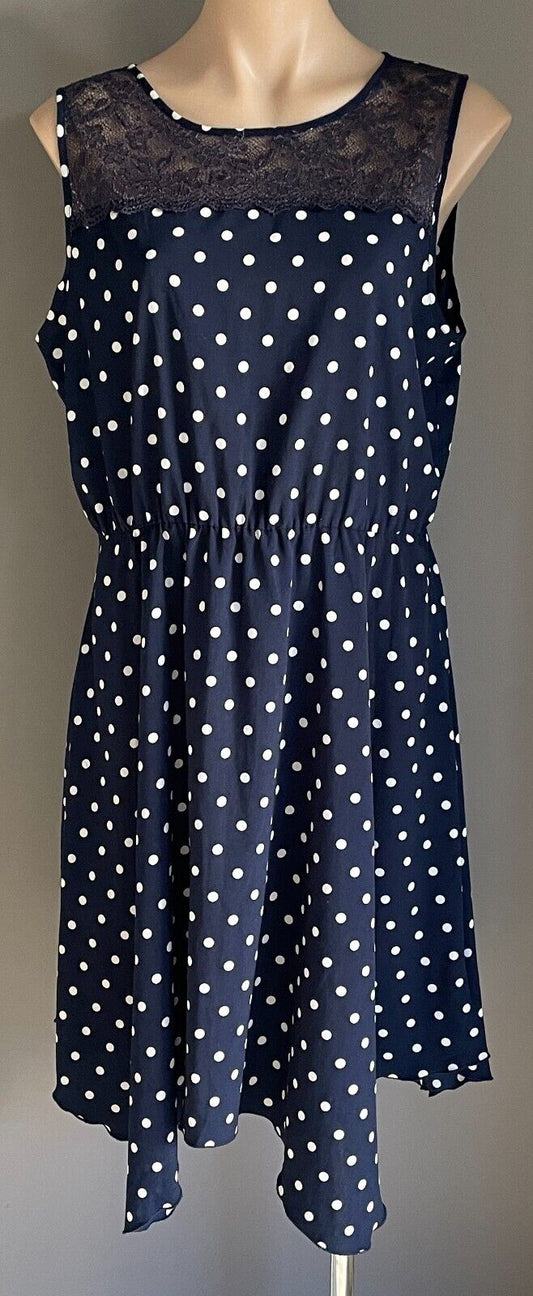EMERSON Sheath Dress Blue White Polka Dot Sleeveless Elastic Waist Frock Size 16