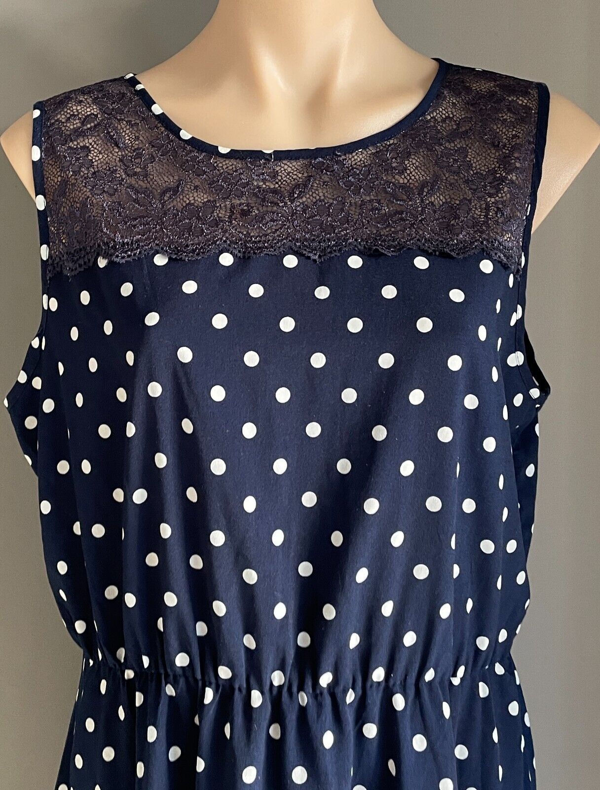 EMERSON Sheath Dress Blue White Polka Dot Sleeveless Elastic Waist Frock Size 16