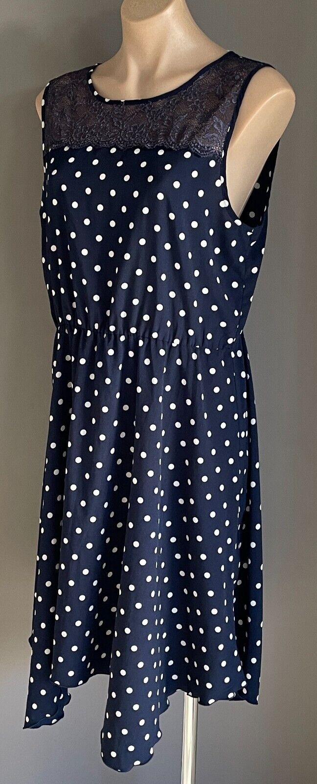 EMERSON Sheath Dress Blue White Polka Dot Sleeveless Elastic Waist Frock Size 16