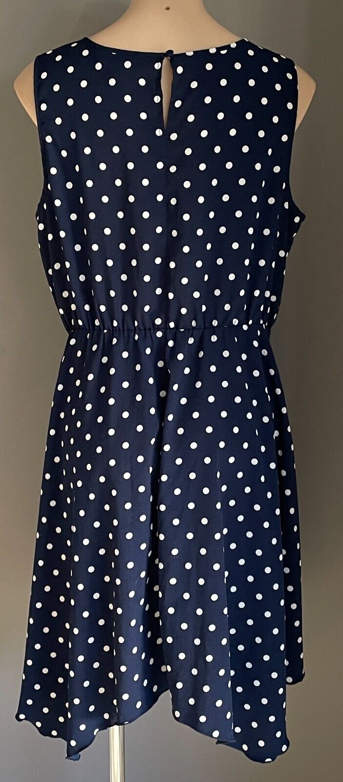 EMERSON Sheath Dress Blue White Polka Dot Sleeveless Elastic Waist Frock Size 16