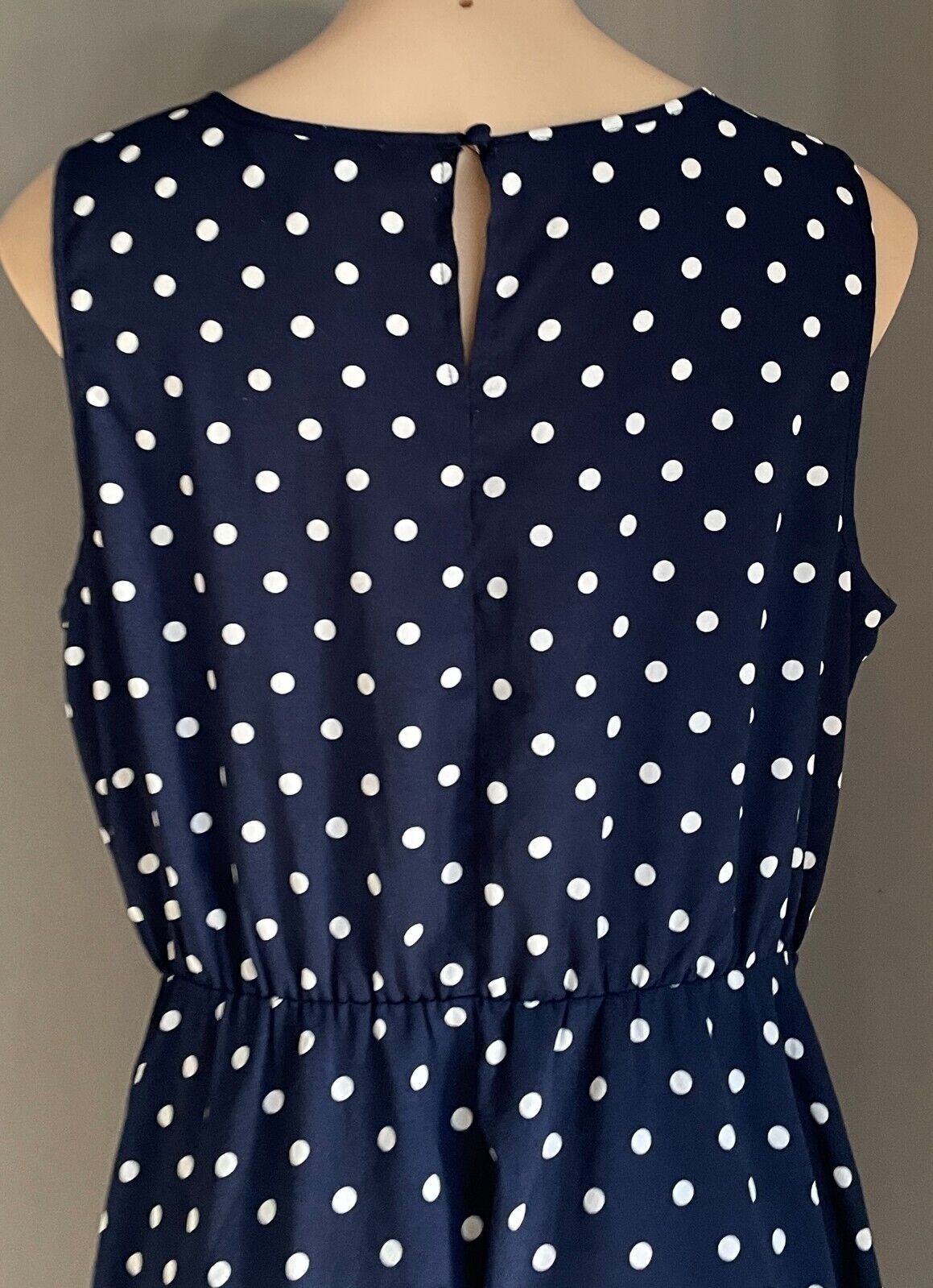 EMERSON Sheath Dress Blue White Polka Dot Sleeveless Elastic Waist Frock Size 16