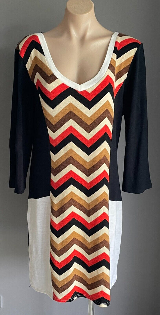 IZABEL LONDON Shift Dress Black Knit 3/4 Sleeve Multicolour Chevron Trim Size 16
