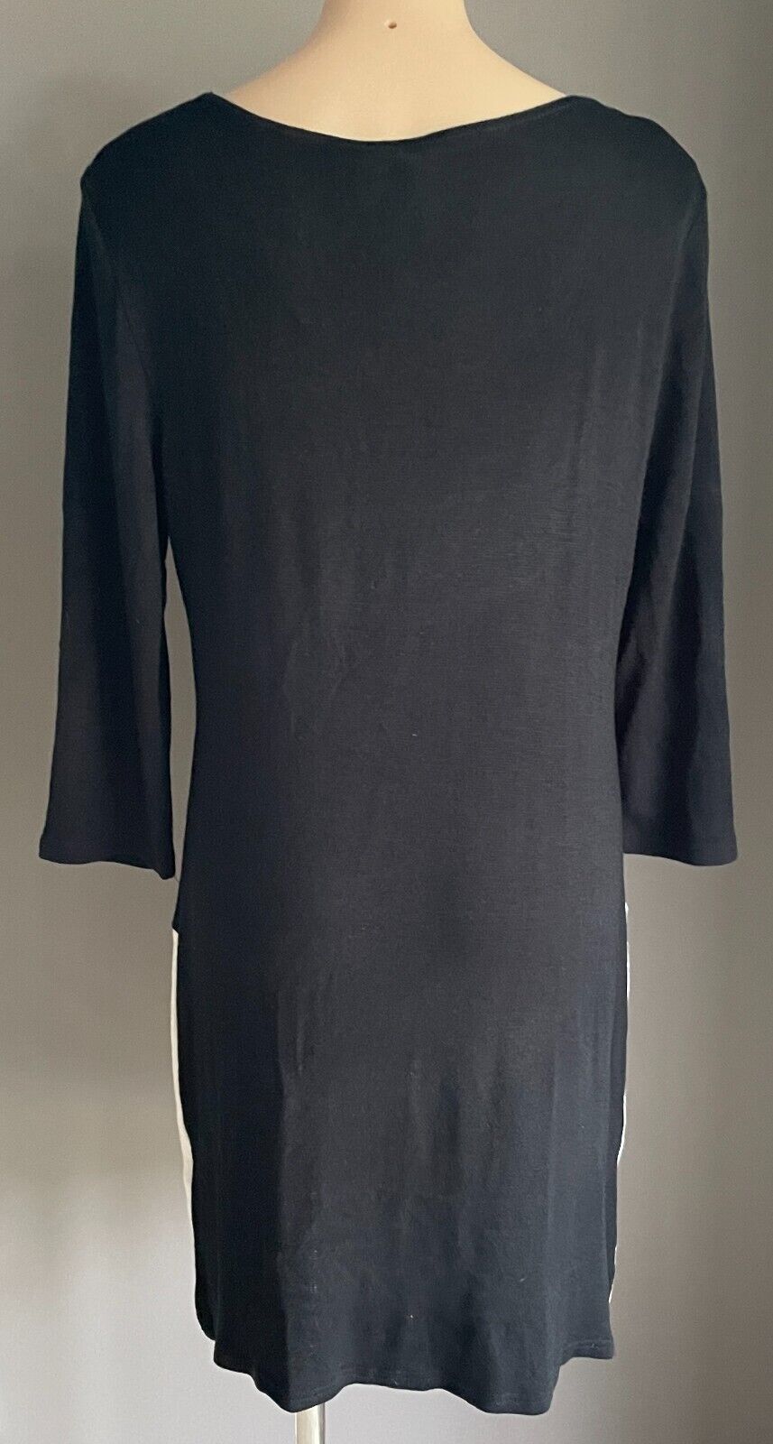 IZABEL LONDON Shift Dress Black Knit 3/4 Sleeve Multicolour Chevron Trim Size 16