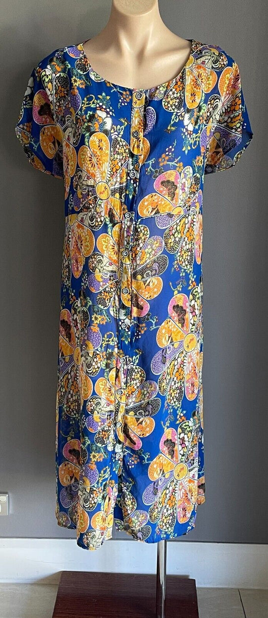JOHNSTON & BELL Dress Blue Multicolour Extended Semi Sheer Sleeve Tie Back Sz 16