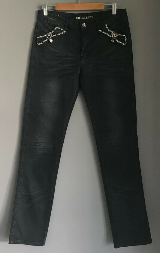 YANGZHIGANG Black Denim Jeans Straight Leg  w Diamante Heart Trim Ladies Size 30