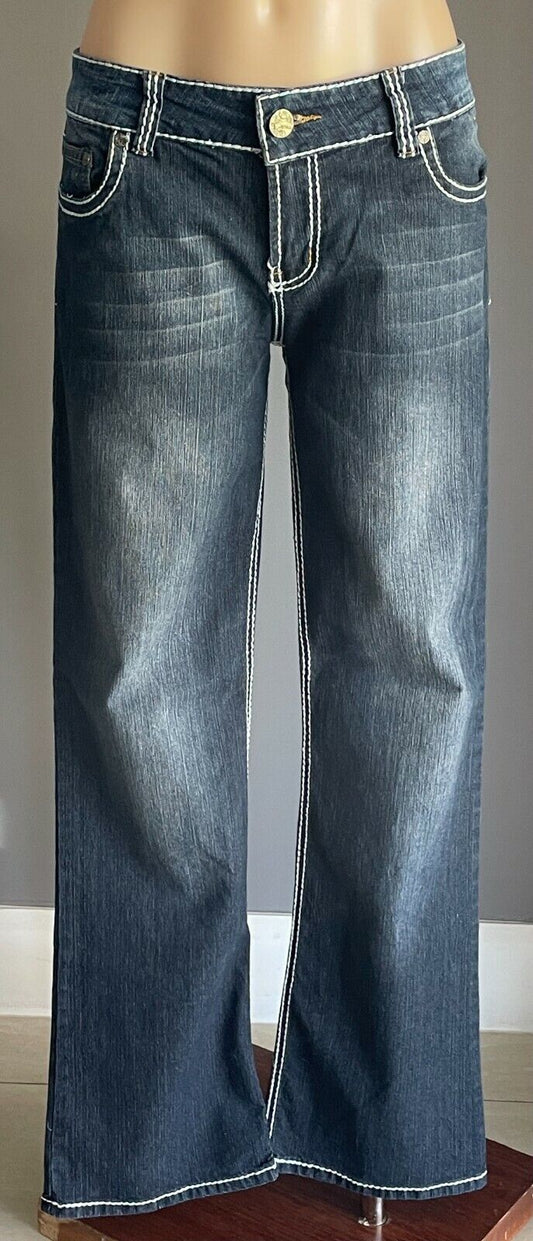 DENIM by IMPULSE  Straight Leg Jeans Dark Blue w White Stitching Ladies Size 12