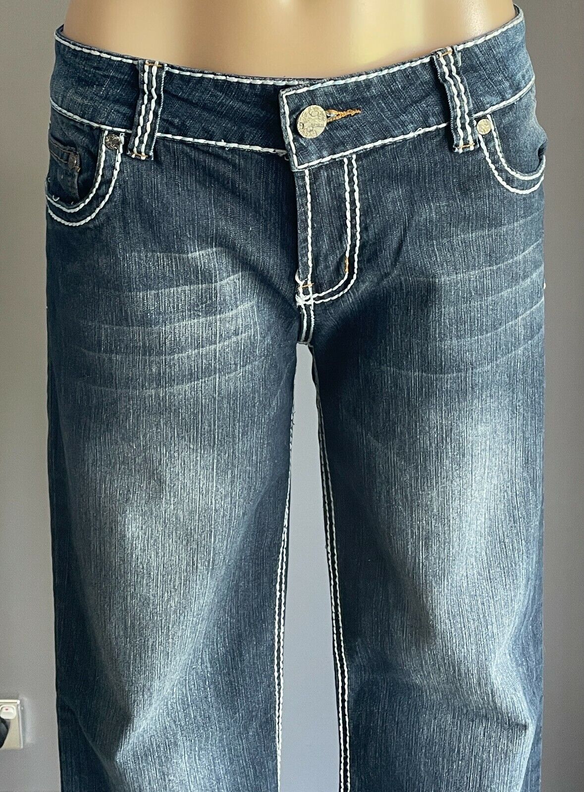 DENIM by IMPULSE  Straight Leg Jeans Dark Blue w White Stitching Ladies Size 12
