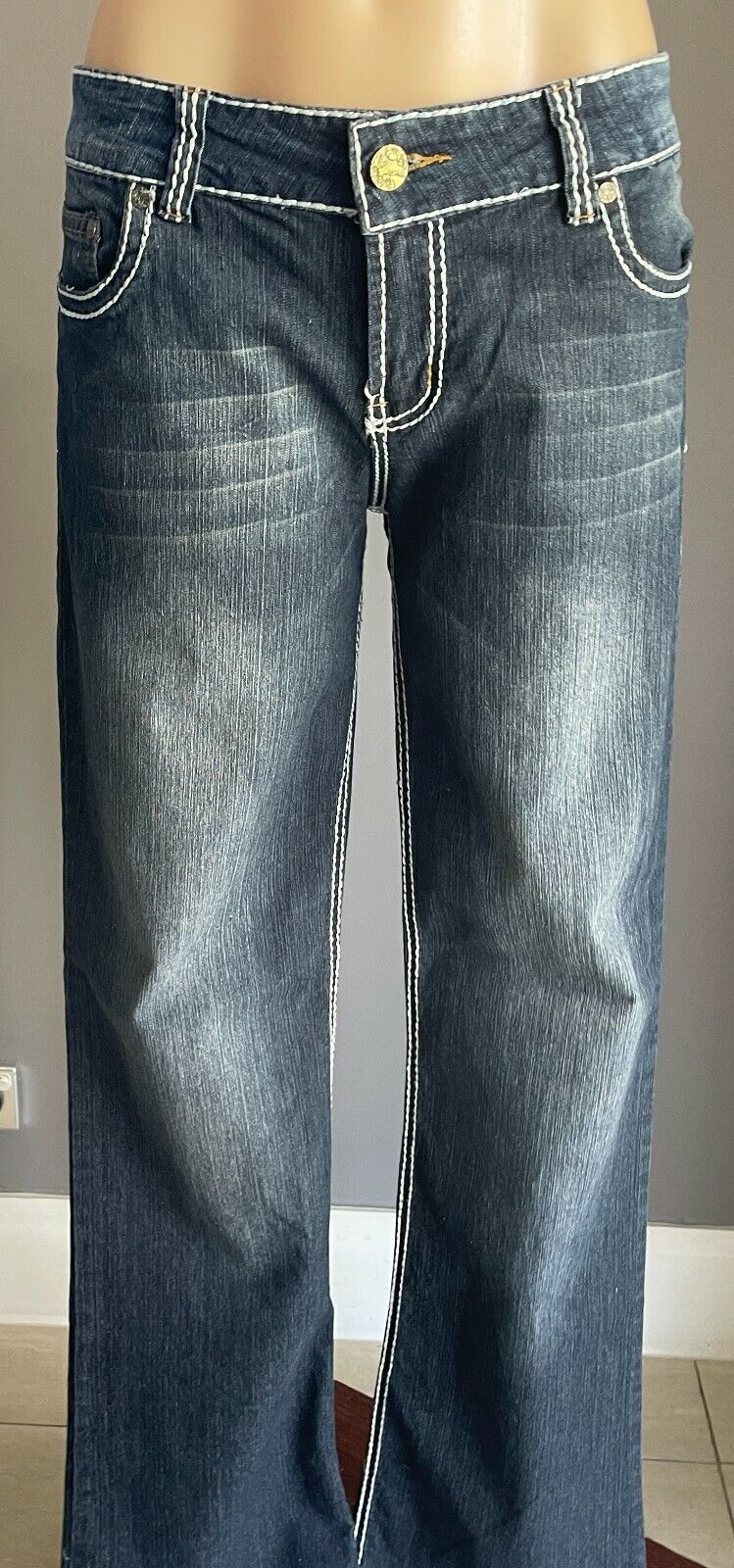 DENIM by IMPULSE  Straight Leg Jeans Dark Blue w White Stitching Ladies Size 12