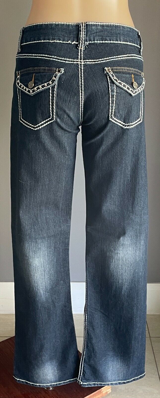 DENIM by IMPULSE  Straight Leg Jeans Dark Blue w White Stitching Ladies Size 12