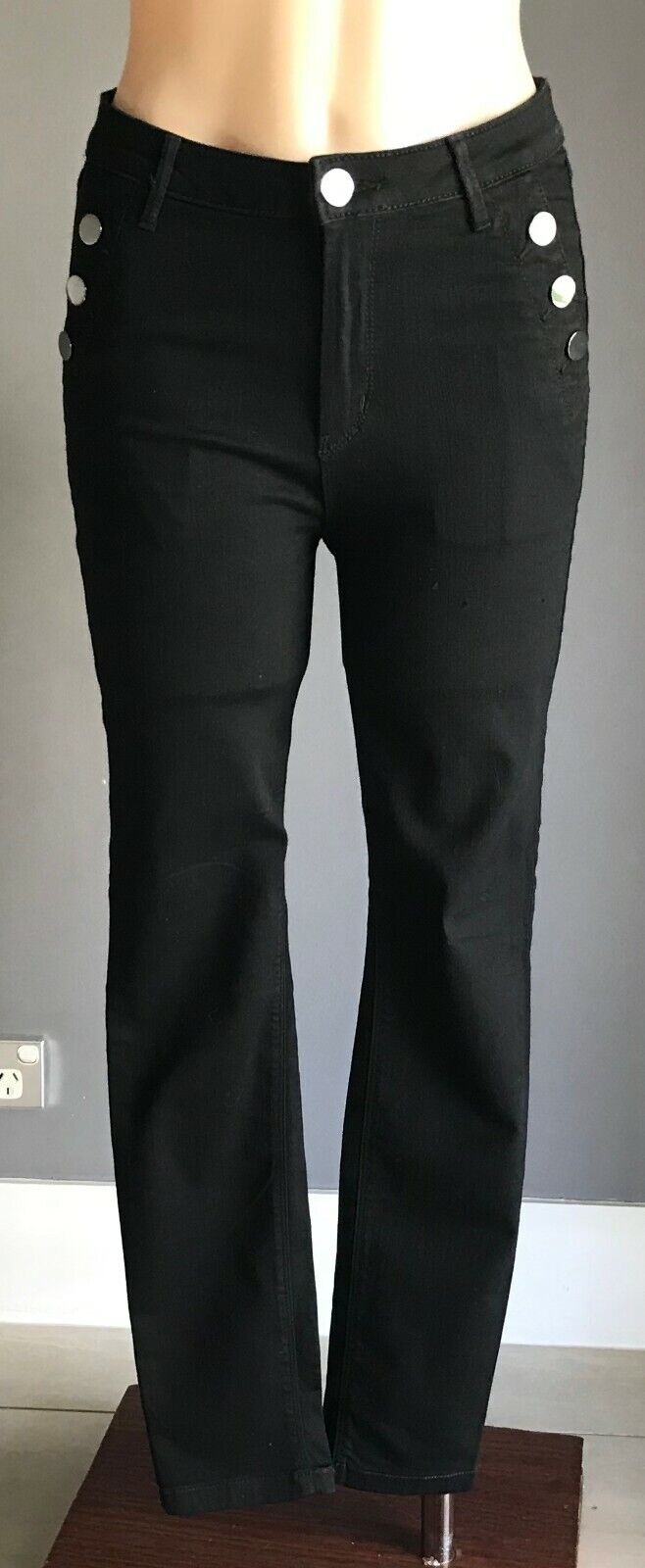 M&S Skinny Stretch Jeans Black Denim 3 Button Pocket Trim Ladies Size 10 NEW