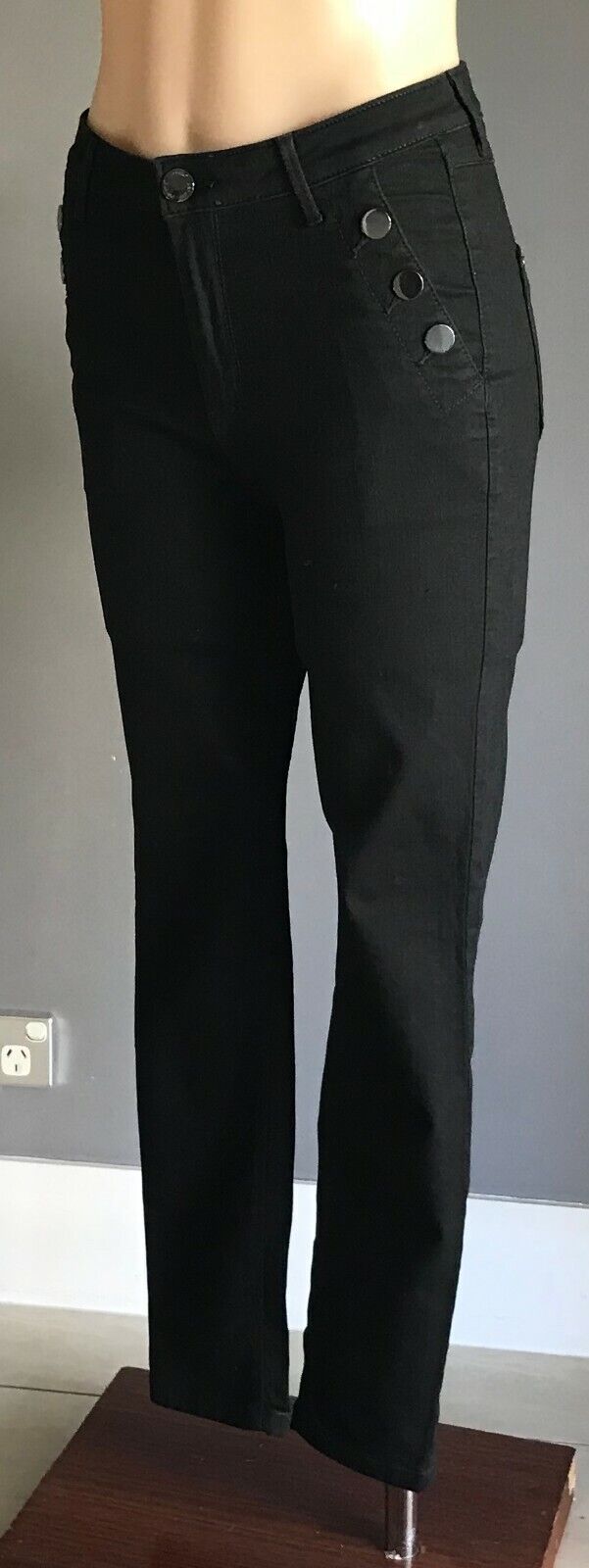 M&S Skinny Stretch Jeans Black Denim 3 Button Pocket Trim Ladies Size 10 NEW