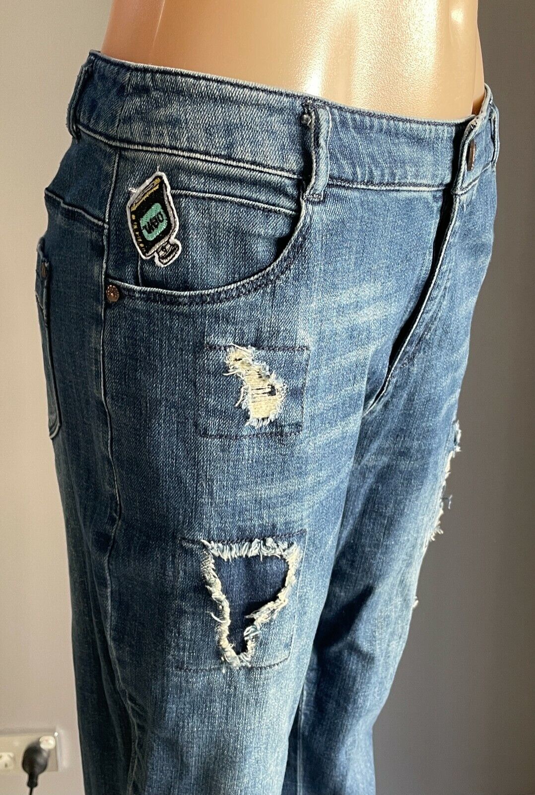 LINE SOUL Skinny Leg Jeans Blue Denim Distressed 7/8 Pants Cargo Ladies Size 10