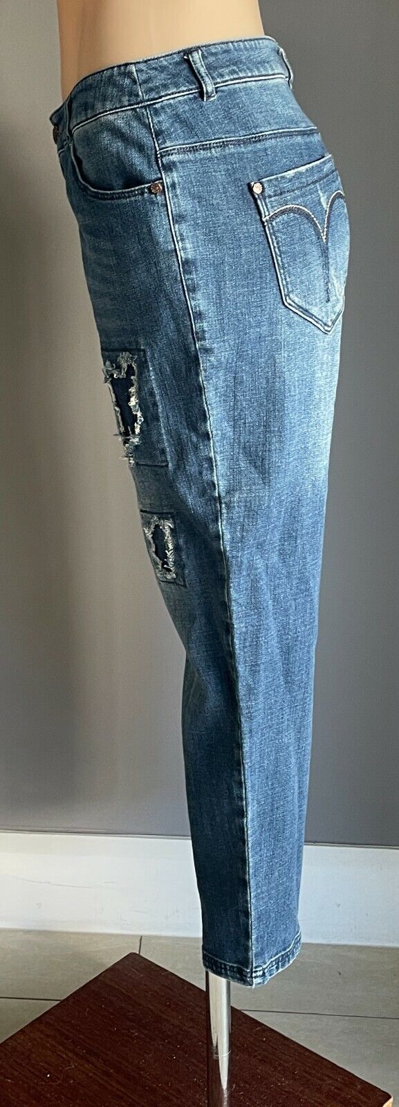 LINE SOUL Skinny Leg Jeans Blue Denim Distressed 7/8 Pants Cargo Ladies Size 10