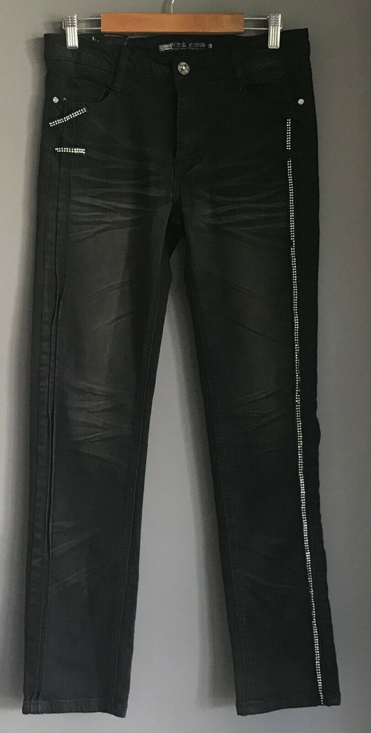 YANGZHIGANG Jeans Black Denim Straight Leg  w Diamante Trim Ladies Size 30 NEW