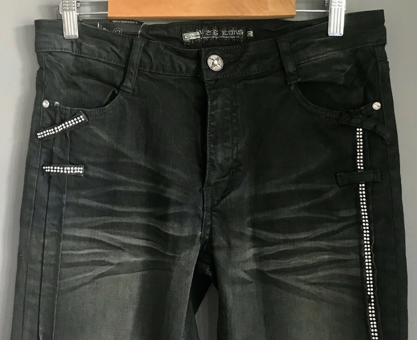YANGZHIGANG Jeans Black Denim Straight Leg  w Diamante Trim Ladies Size 30 NEW