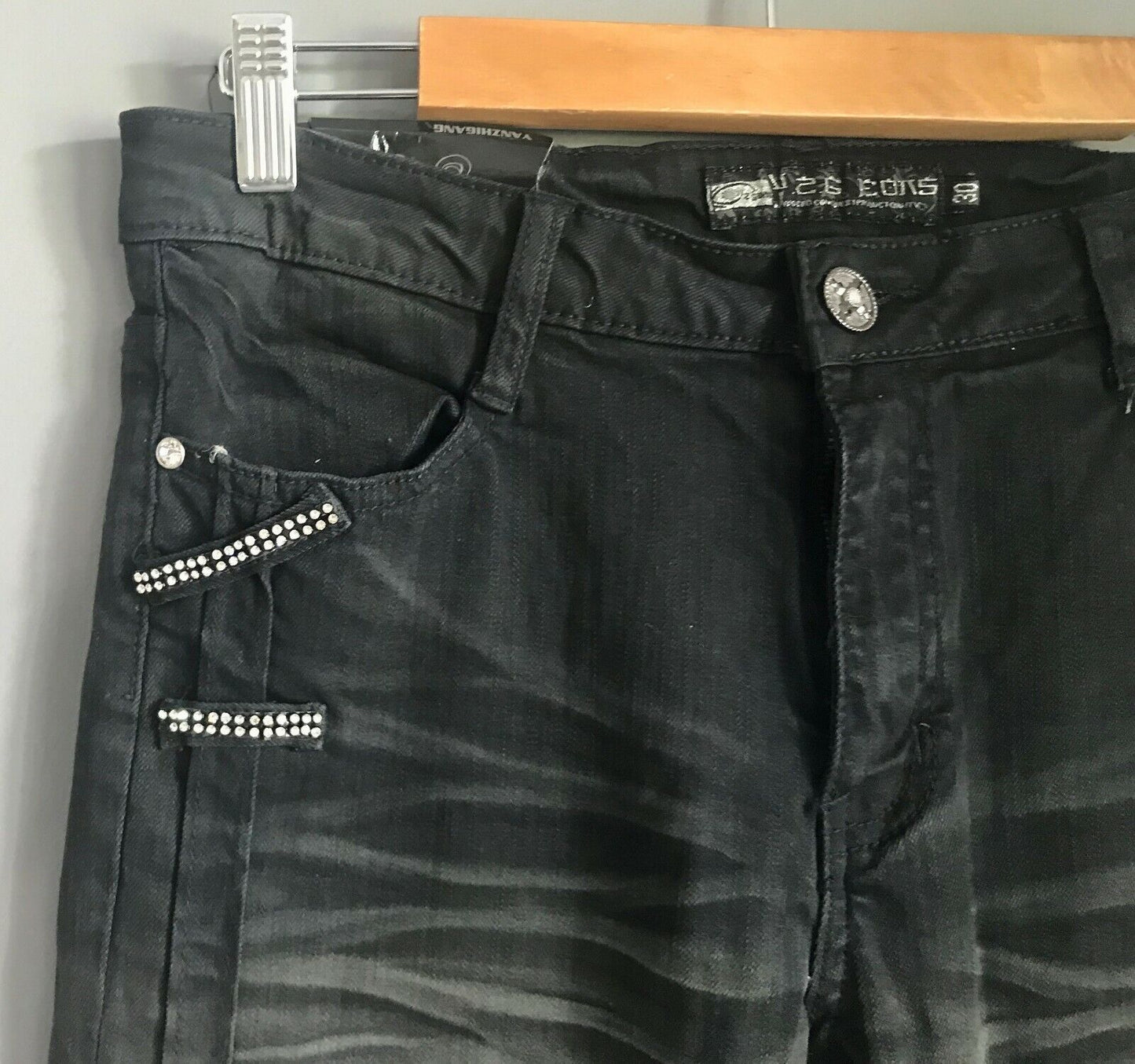 YANGZHIGANG Jeans Black Denim Straight Leg  w Diamante Trim Ladies Size 30 NEW